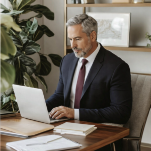 Professional accountant at Akumen Accounting Group in Arlington, VA, using a laptop for client financial consulting.